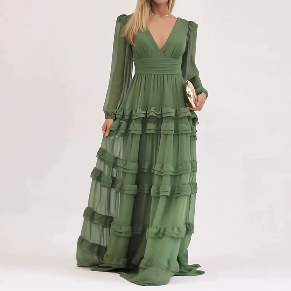 Forever 21 Elegant Resort Style Collared Long-Sleeve Green Dress